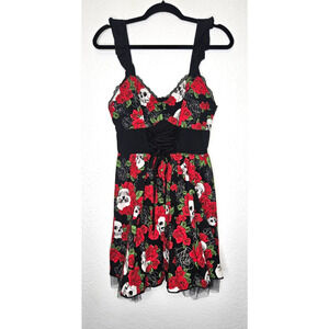 Hot Topic Dress Womens Large Red Black Skull Roses Tulle Grunge Goth Punk Rave